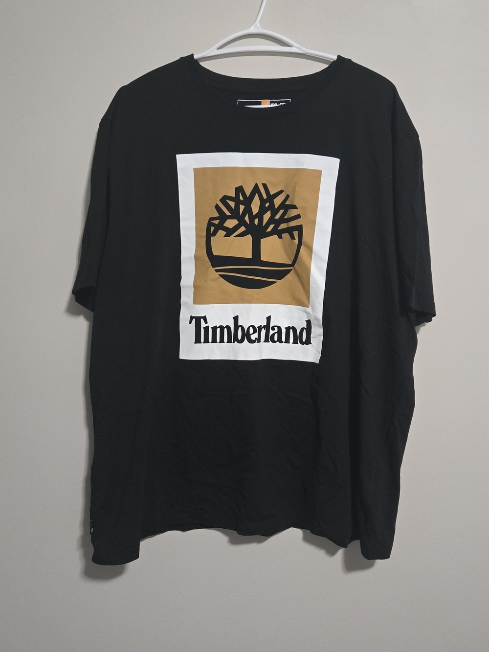 Timberland Black Tee with Tan & White Logo Panel